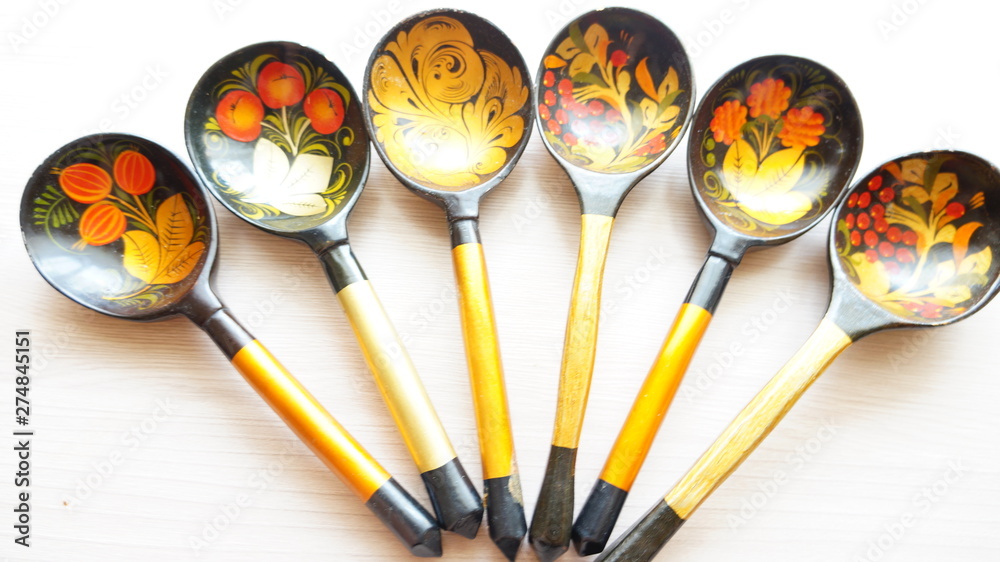 Russian souvenir wooden spoons painted with folk patterns Russian souvenir wooden spoons painted with folk patterns