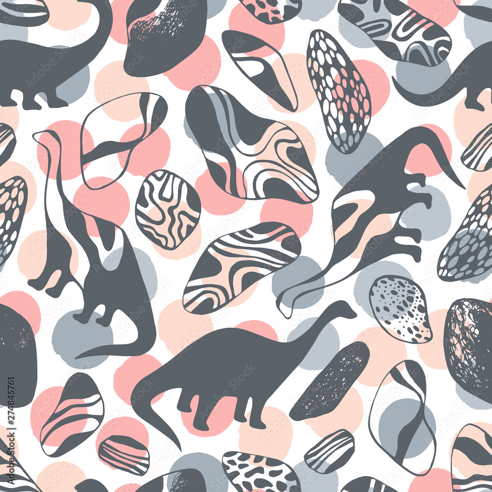 Seamless pattern with cartoon dinosaurs. For cards, party, banners, and children room decoration.