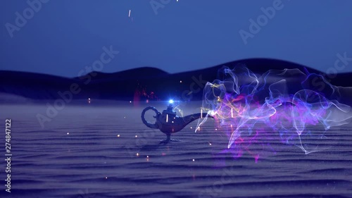 Lamp of Wishes In The Desert - Genie Coming Out Of The Bottle photo