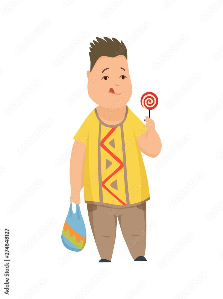 Overweight boy, cute chubby child cartoon character vector Illustration on a white background.
