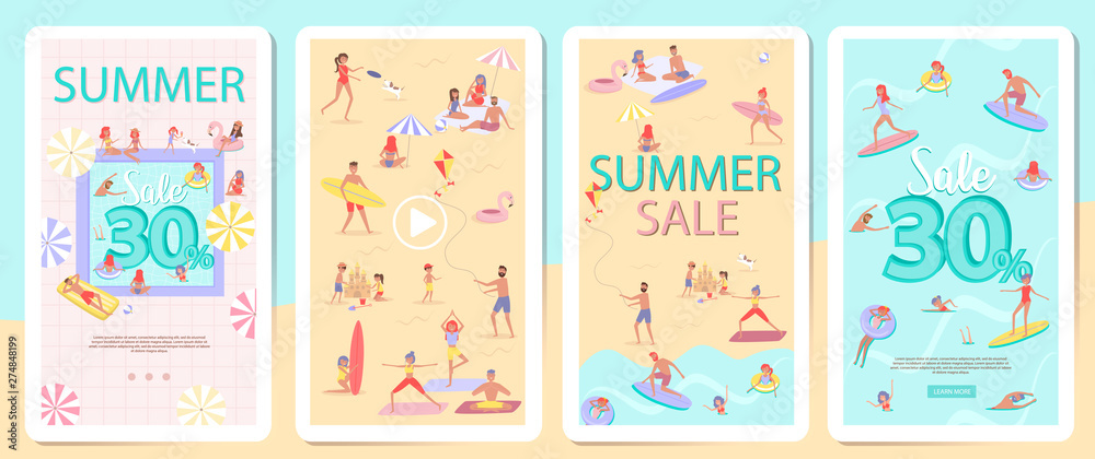 Set for mobile app page Summer beach concept discount poster. Different scenes of people on the beach. People relax on the beach, sunbathe, play sports and yoga, swiming in the sea, ride the surf. 