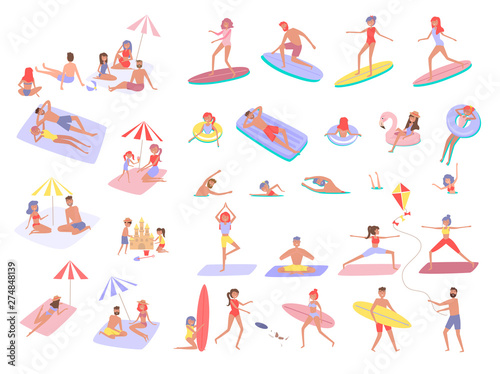 Set of people in different position on Summer beach. People relax on the beach, sunbathe, play sports and yoga, swiming in the sea, ride the surf. Vector illustration