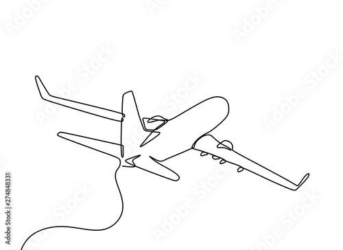 one line drawing of airplane flying on the sky on white background