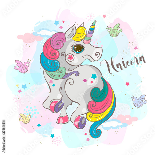 Magic unicorn.My baby. Fairy pony. Rainbow mane. Cartoon-style Vector