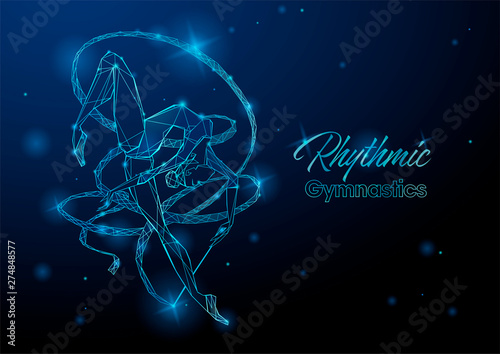 Rhythmic gymnastics. A gymnast with a ribbon. Futuristic neon glowing illustration. Vector.