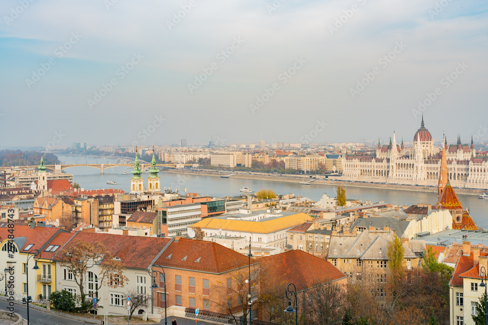 Aerial view of the Hungarian Parliament Building, River Danube and cityscape