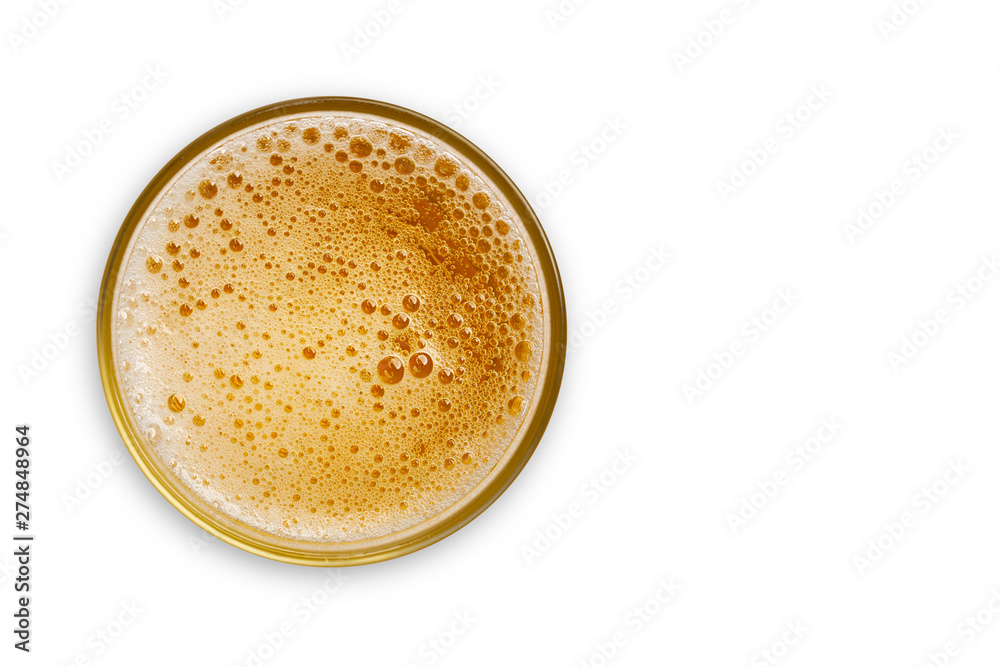 top view of beer bubbles in glass cup on white background. empty space for design. with clipping path. top view of beer bubbles in glass cup on white background. empty space for design. with clipping path.