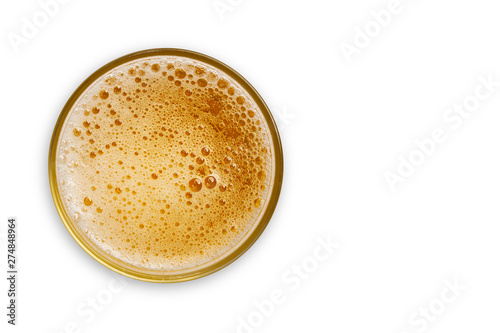 top view of beer bubbles in glass cup on white background. empty space for design. with clipping path.