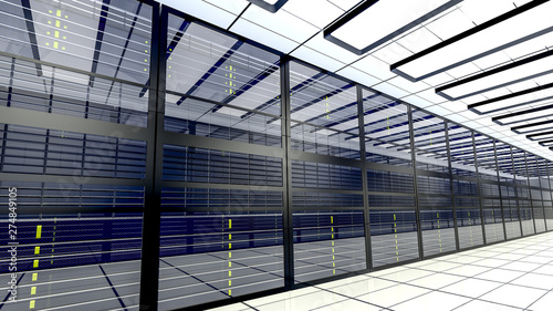 Hosting services. Servers in datacenter. 3D render