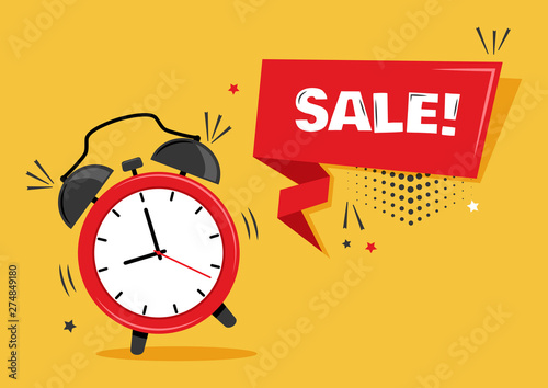 Red alarm clock with ribbon banner with inscription SALE on yellow background. Vector illustration.