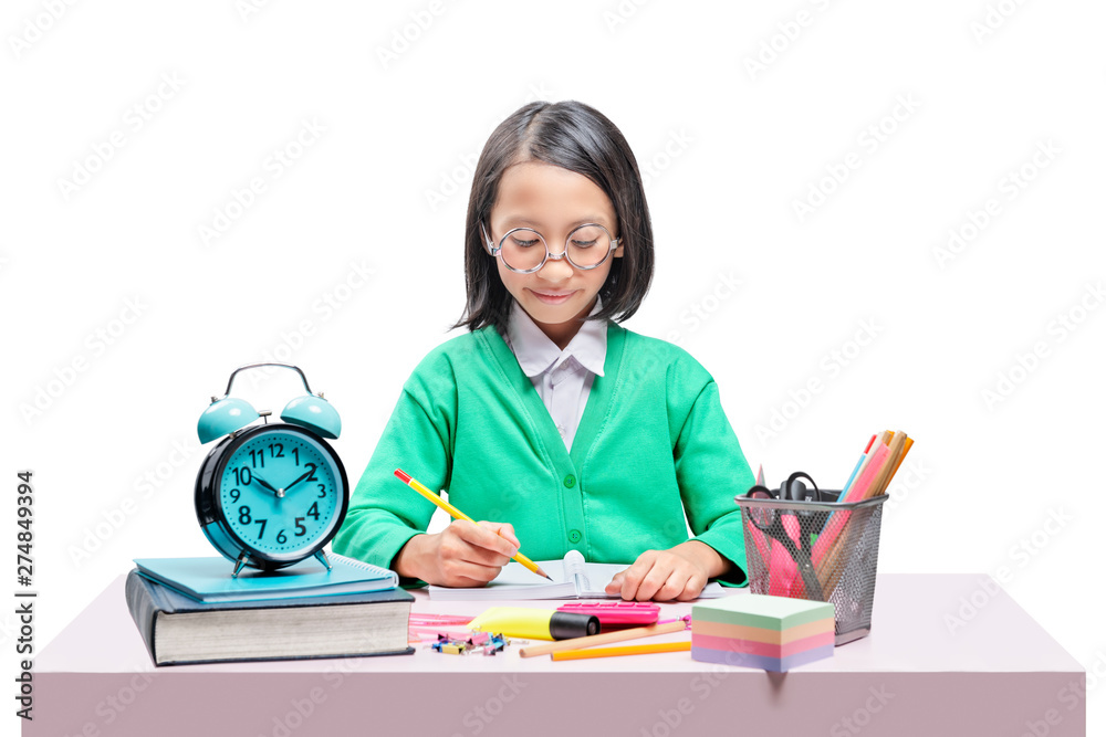 Asian cute girl in glasses learning with school stationary on the desk Asian cute girl in glasses learning with school stationary on the desk