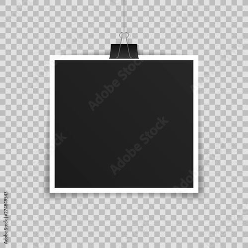 Vector Photo frame mockup design. Photo frame hanging on a clip isolated on transparent background. Vector illustration