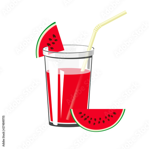 Glass of Summer Refreshing Drink of Watermelon and a Straw Isolated on White Background , Fresh Berry Fruit Juice with Watermelon Slices, Vector Illustration