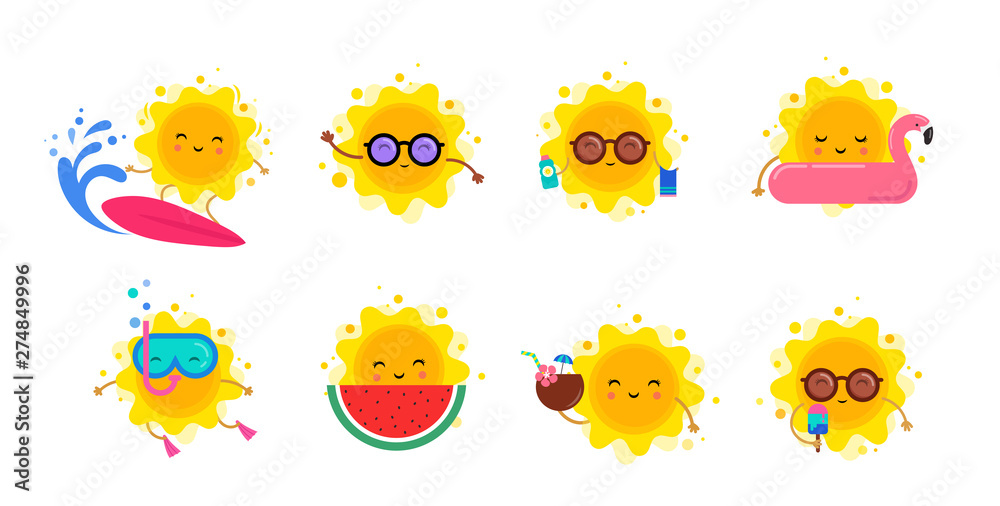 Fun summer elements, sun characters, icons with ice cream, watermelon, surfboard and swimming pool float