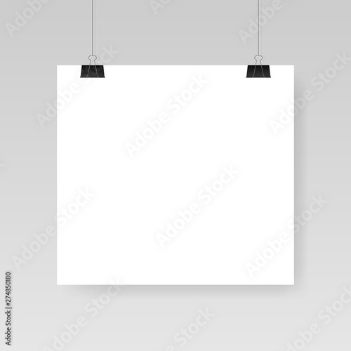 Blank white poster template. Affiche, paper sheet hanging on a clip. Vector advertising banner mockup stand exhibit