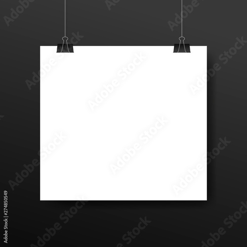 Blank white poster template. Affiche, paper sheet hanging on a clip. Vector advertising banner mockup stand exhibit