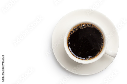 top view of coffee black in cup isolated on white background. copy spec design, with clipping path.