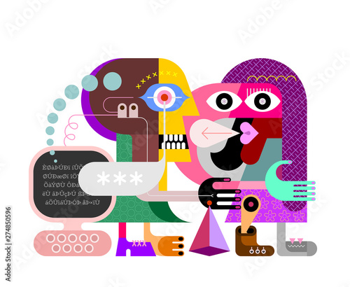 Two Persons and Personal Computer vector illustration