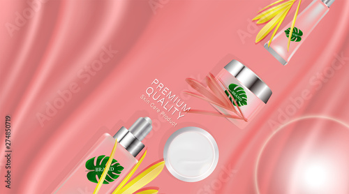 Beauty product, pink cosmetic containers with advertising background ready to use, luxury skin care ad, illustration vector.