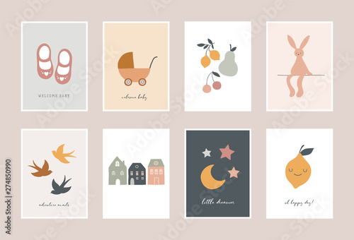 Baby, children, little kids cards, posters in simple, clean modern style. Perfect for nursery decor, fashion design