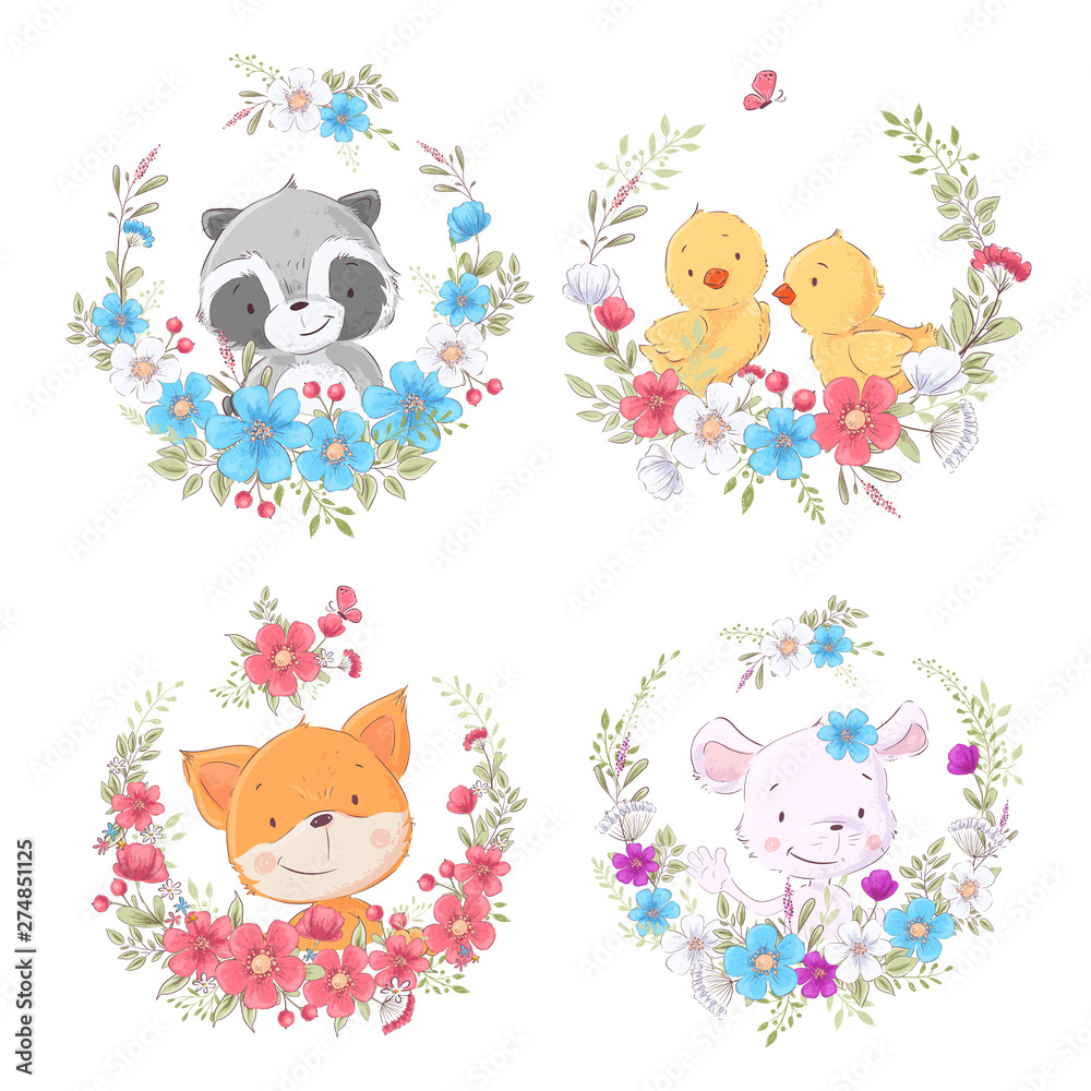 Cartoons cute animals in flower wreaths. Vector
