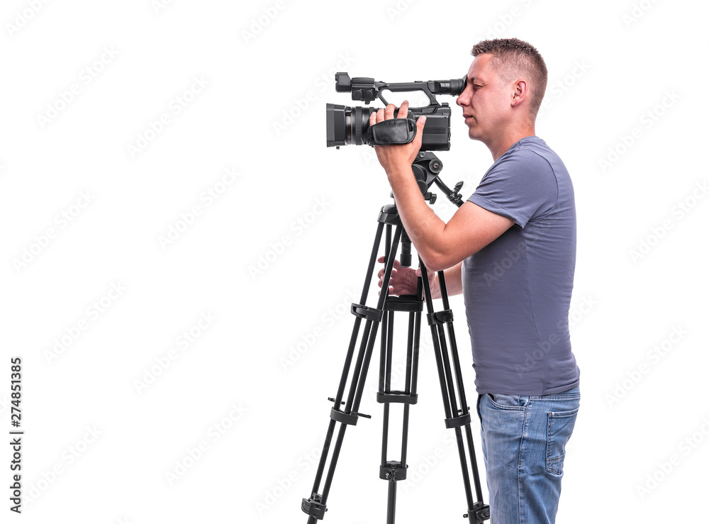 Cameraman. Video camera operator isolated on a white background.