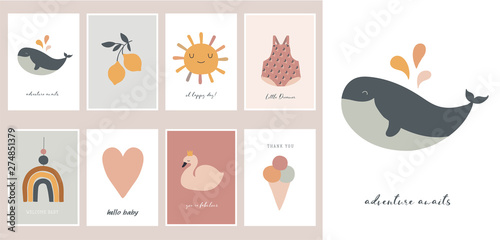 Baby, children, little kids cards, posters in simple, clean modern style. Perfect for nursery decor, fashion design