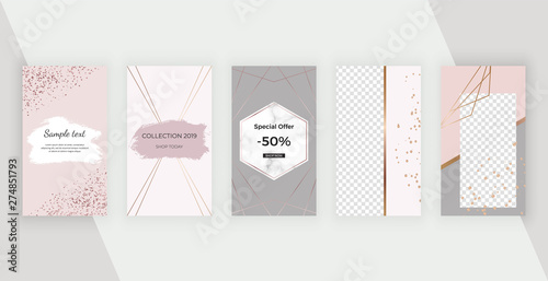 Geometric templates for stories with brush stroke texture, rose gold lines, confetti and marble texture. Modern covers design for social media, flyers, card.