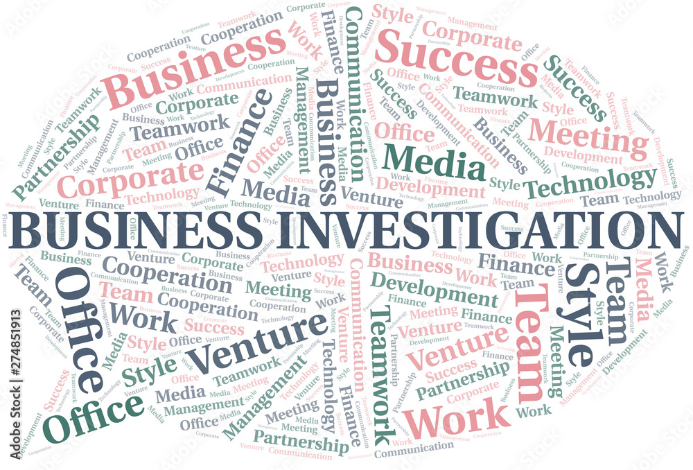 Business Investigation word cloud. Collage made with text only.