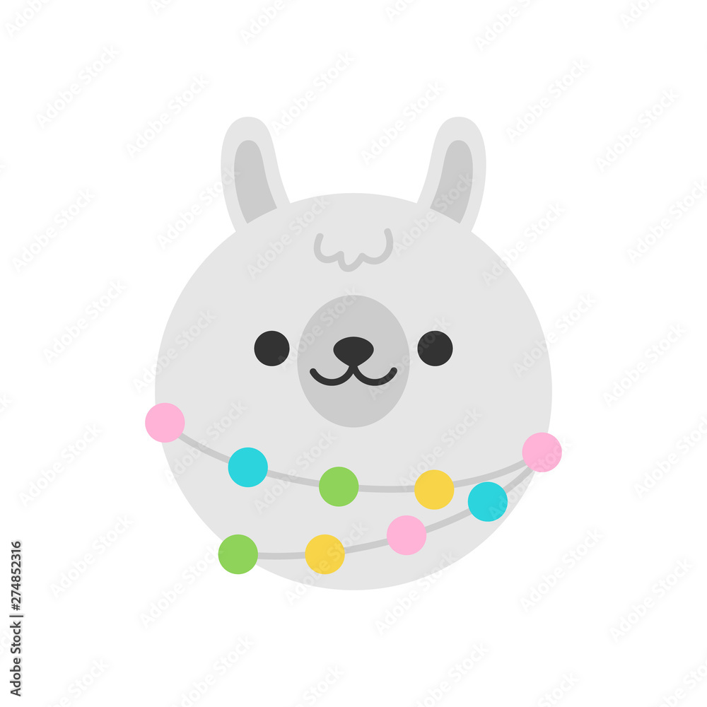 Cute llama round graphic vector icon. White, grey fluffy alpaca, llama with colorful pom poms, animal head, face illustration. Cute llama round graphic vector icon. White, grey fluffy alpaca, llama with colorful pom poms, animal head, face illustration.