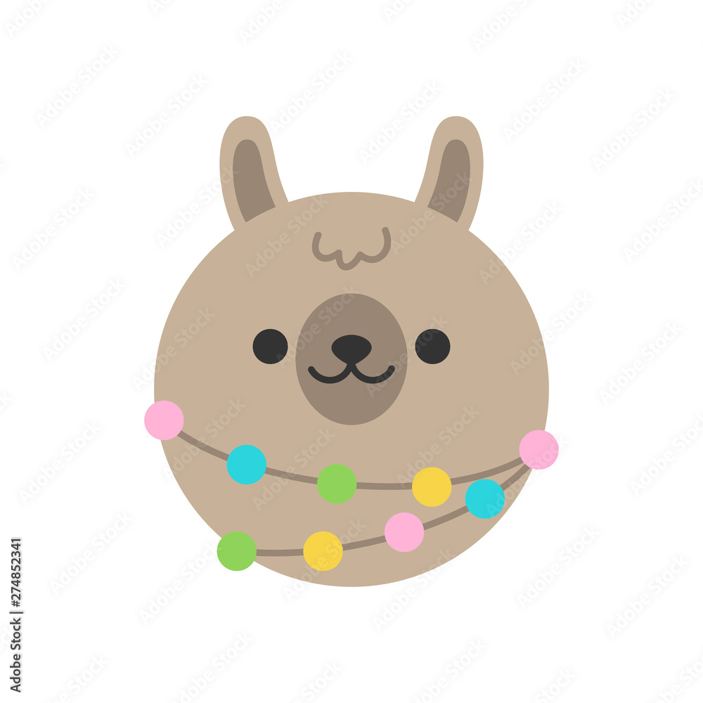 Fototapeta premium Cute llama round graphic vector icon. Brown fluffy alpaca, llama with colorful pom poms, animal head, face illustration. 