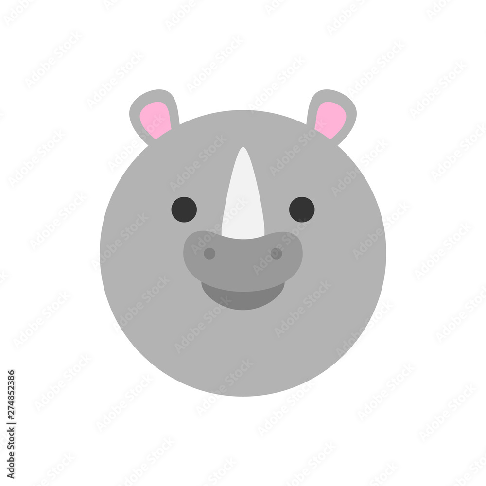 Cute rhinoceros round graphic vector icon. Grey rhino with horn, animal head, face illustration. Isolated.