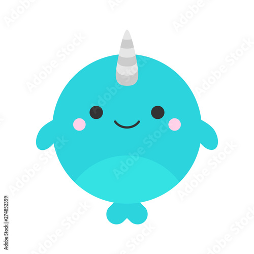 Cute narwhal round graphic vector icon. Blue narwhale with flippers and horn, animal head, face illustration. Isolated.