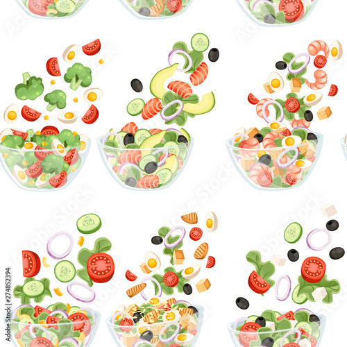 Seamless pattern of vegetables salad with different ingredients. Salad fall to transparent bowl. Fresh vegetables cartoon icon design food. Flat vector illustration on white background