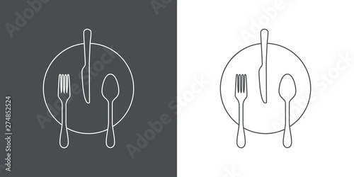Icono plano lineal círculo con cubiertos en gris y blanco