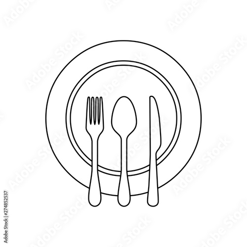 Icono plano lineal plato con cubiertos en color negro