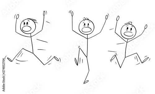 Vector cartoon stick figure drawing conceptual illustration of group of men or businessmen running away in panic. photo