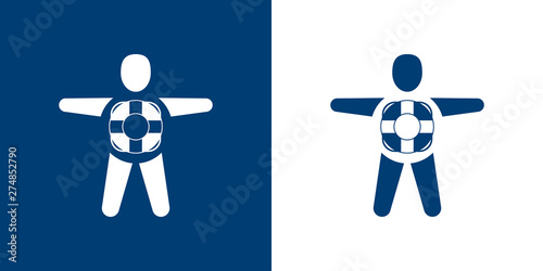 Logotipo abstracto LIFEGUARD con hombre y salvavidas en blanco y azul