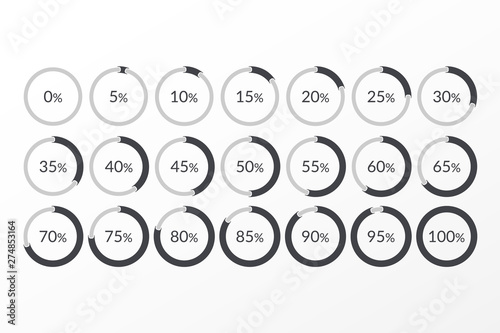 Percentage vector infographic icons. 0 5 10 15 20 25 30 35 40 45 50 55 60 65 70 75 80 85 90 95 100 percent pie chart symbols. Сircle signs for download, web design, business