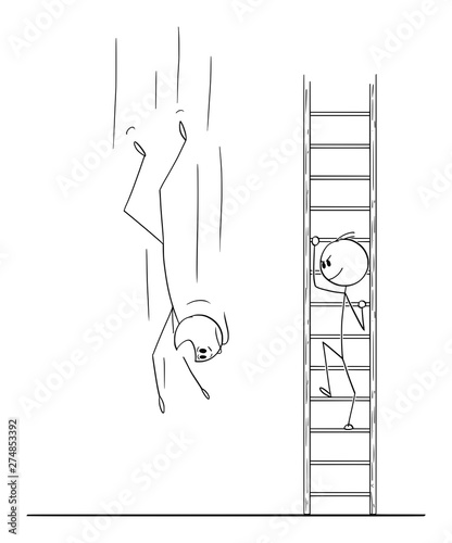 Vector cartoon stick figure drawing conceptual illustration of man or businessman climbing up the ladder while competitor is falling down to ground.