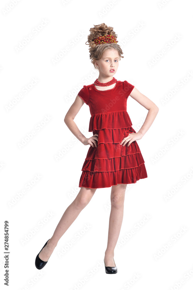 Full length. Girl in red dress posing isolated Full length. Girl in red dress posing isolated