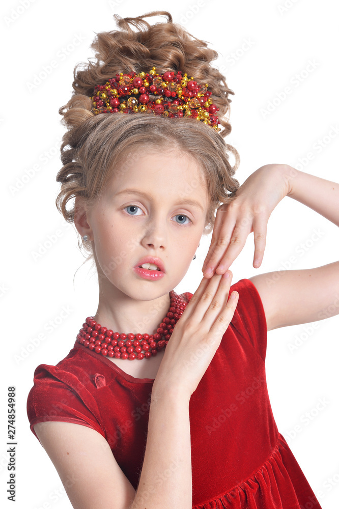 Portrait of cute girl in red dress posing isolated Portrait of cute girl in red dress posing isolated