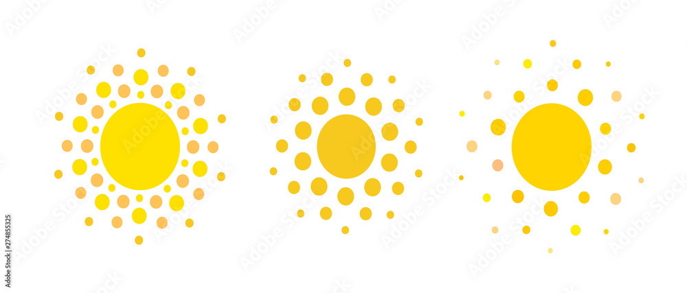 Sun dots icons. Summer rest sign. Travel agency or solar panel energy logo template. Sunny circle concept design. Isolated vector illustration set on white background. EPS10. Sun dots icons. Summer rest sign. Travel agency or solar panel energy logo template. Sunny circle concept design. Isolated vector illustration set on white background. EPS10.