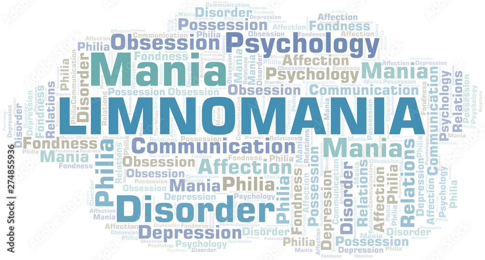 Limnomania word cloud. Type of mania, made with text only.
