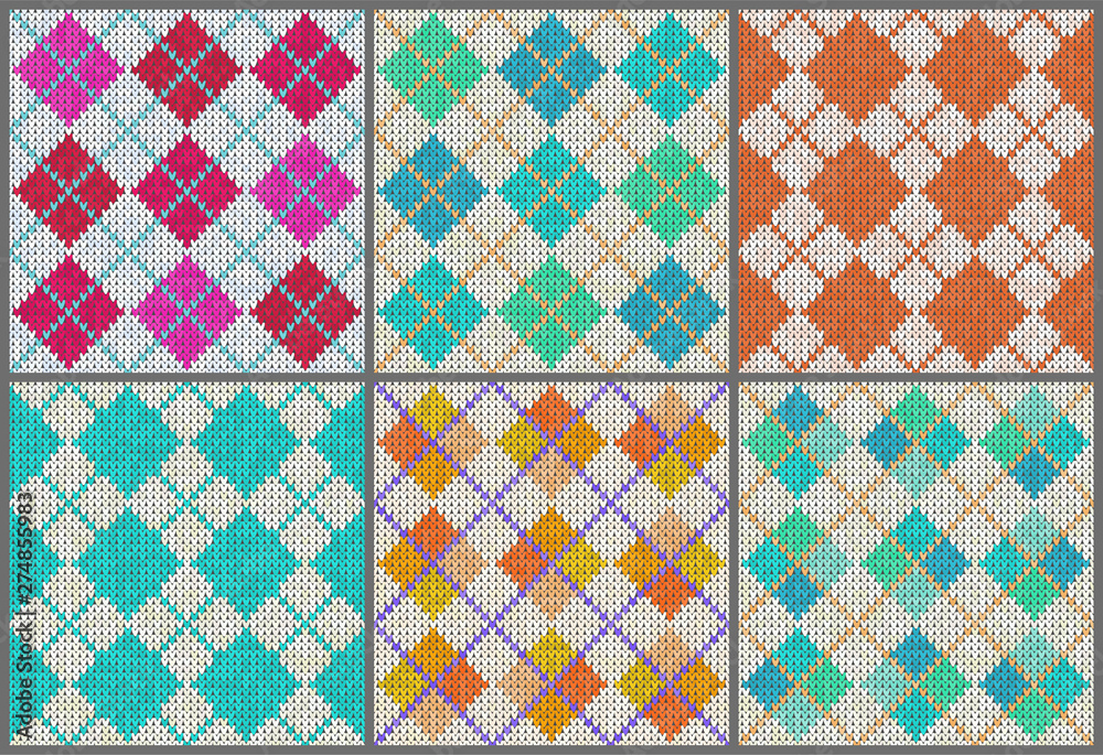 Knitted Patterns Set. Realistic samples backgrounds. Geometric ornaments, scandinavian sweaters cable stitch texture. Decorative design elements gift paper, packet, greeting cards. Vector illustration Knitted Patterns Set. Realistic samples backgrounds. Geometric ornaments, scandinavian sweaters cable stitch texture. Decorative design elements gift paper, packet, greeting cards. Vector illustration