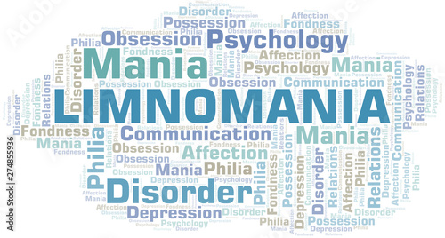 Limnomania word cloud. Type of mania, made with text only.