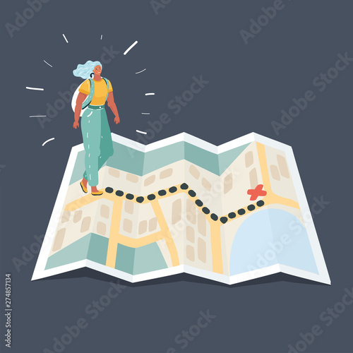 Girl tourist in mountain walking the map.