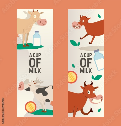 Cup of milk set of banners vector illustration. Curious cow eating grass with vacant look. Funny baby animal, cattle saying moo. Organic and natural diary products. Bottle of milk.