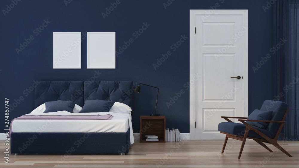 Modern house interior. Bedroom in blue tonnes. 3D rendering.