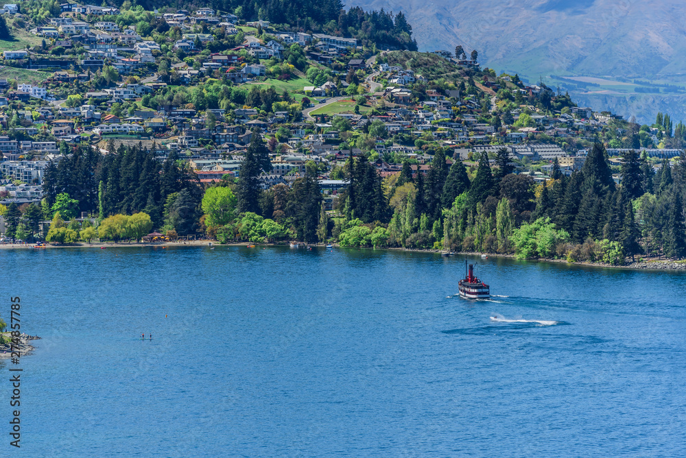 View of the landscape of lake Wakatipu, Queenstown, New Zealand. Copy space for text.